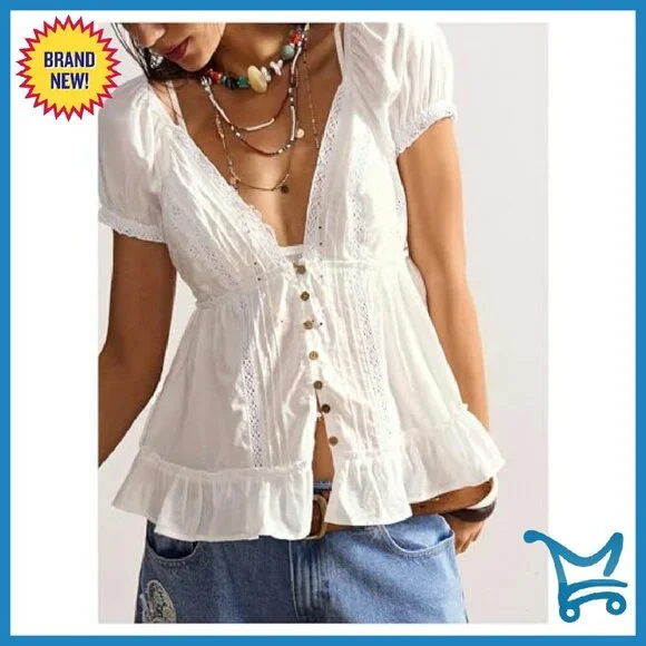 Boho Puff Sleeve Blouse Lace Trim Deep V Neck Button Down Shirt - Picture 6 of 6